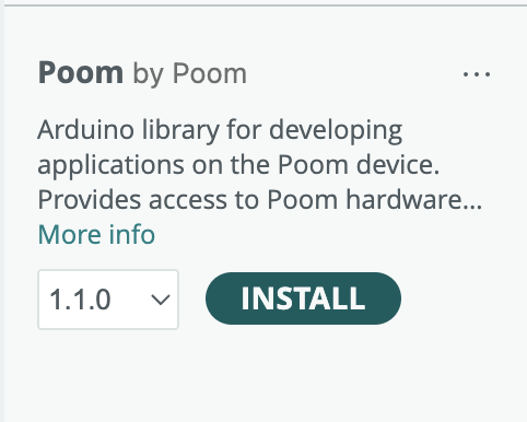 Arduino IDE Library Manager result for Poom by Poom with version selector and Install button.