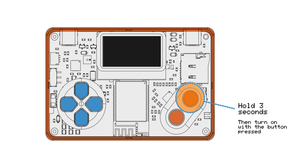 POOM board with the boot button area highlighted, hold 3 seconds.