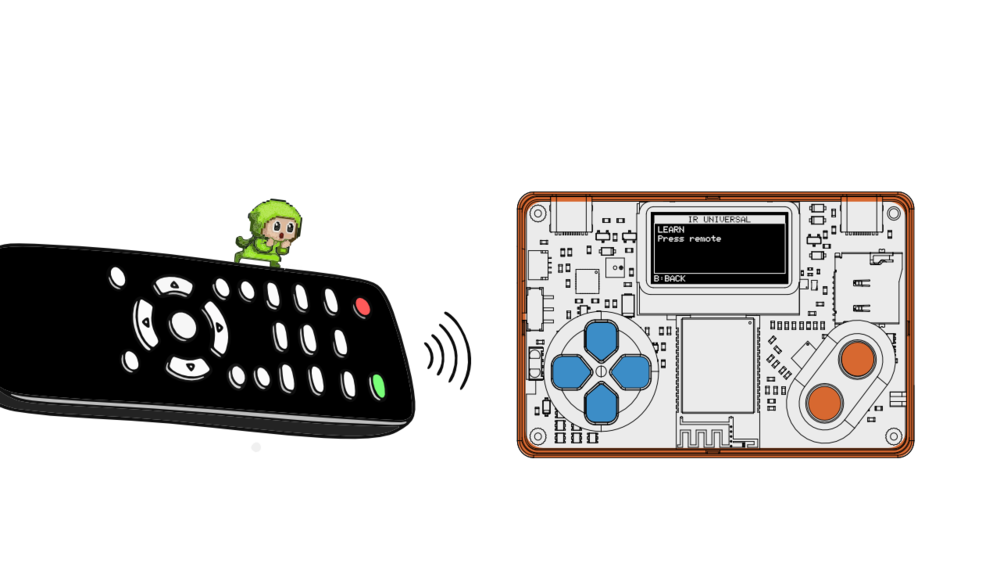 Copying a remote directly: pointing a physical remote at POOM's IR receiver to clone a button.