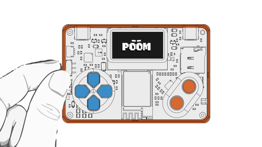 Turning on POOM — hold the power button until the POOM logo shows on the OLED.