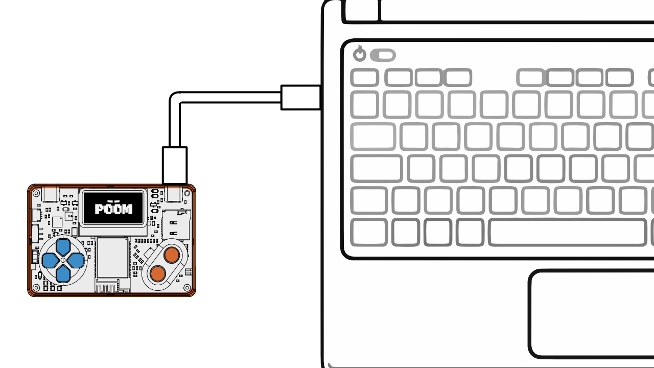 POOM connected by USB-C to a laptop showing the web flasher.