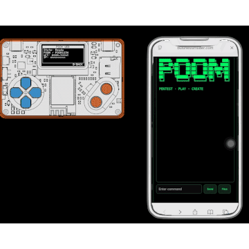 POOM beside a phone using POOM Web to manage files stored on the microSD card.