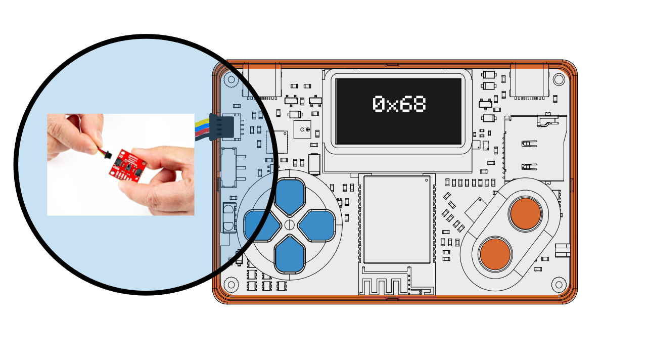A Qwiic sensor connected to the POOM handheld through its polarized four-wire connector.